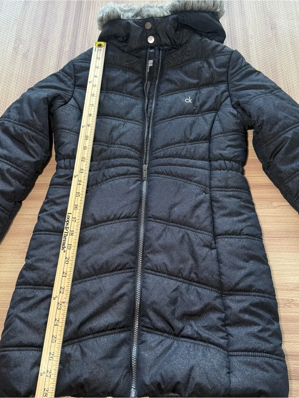 Calvin Klein Jeans Girls Size M 8/10 Black Shimmer Hooded Long Puffer Coat